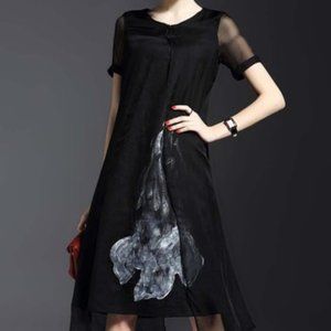 💋LALOOK Black Abstract Sheer-Overlay Shift Dress